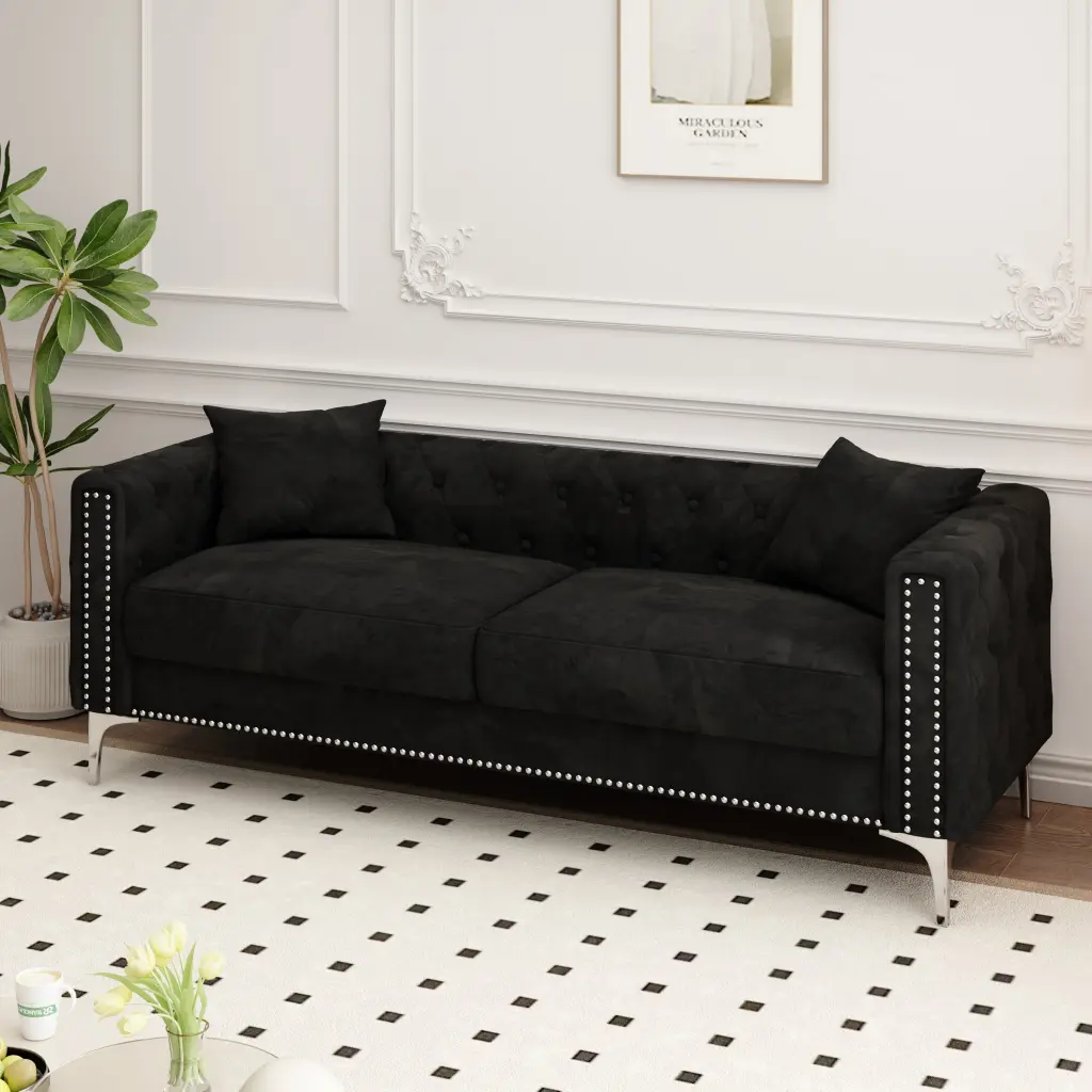 83 Inch Black Velvet Triple Sofa 2 Pillows Living Room ylf fff