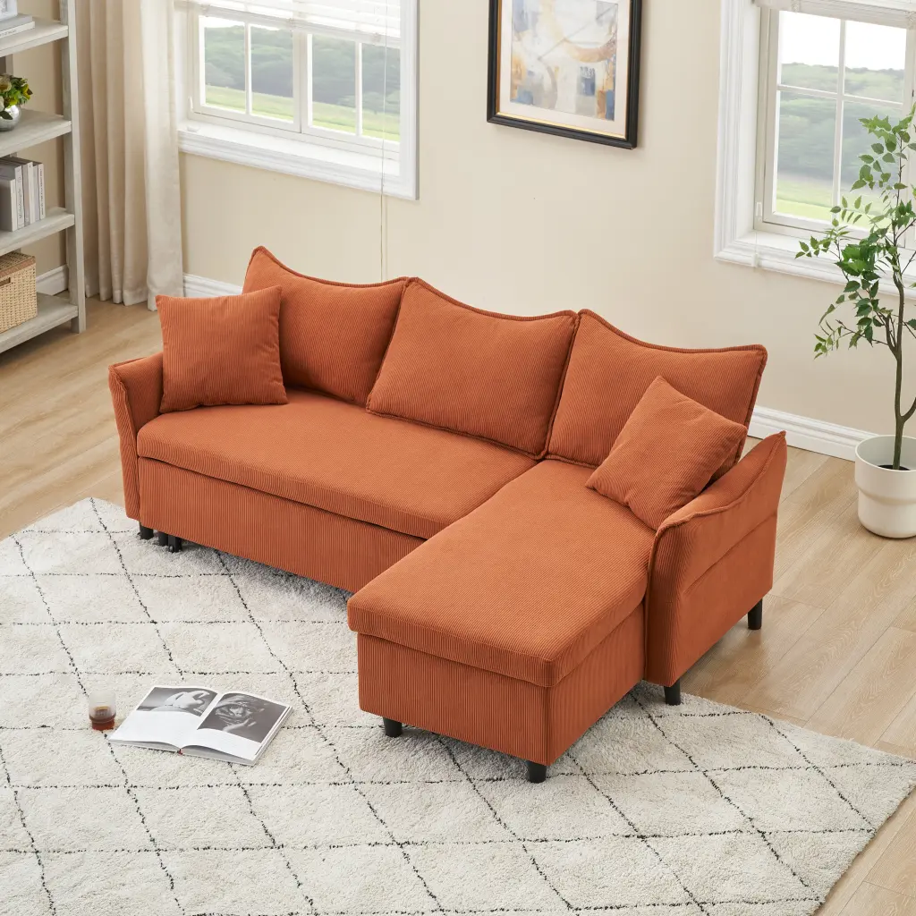 80 Inch Orange Corduroy L-Shaped Sofa 2 Throw Pillows ylf fff