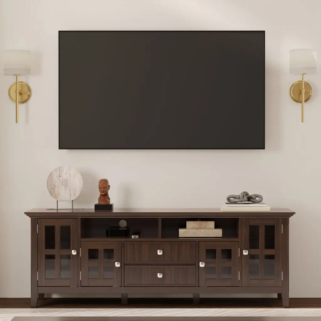 Simpli Home Acadian Solid Wood 72 Inch Wide Transitional TV Media Stand Brunette Brown TVs up to 80 Inches