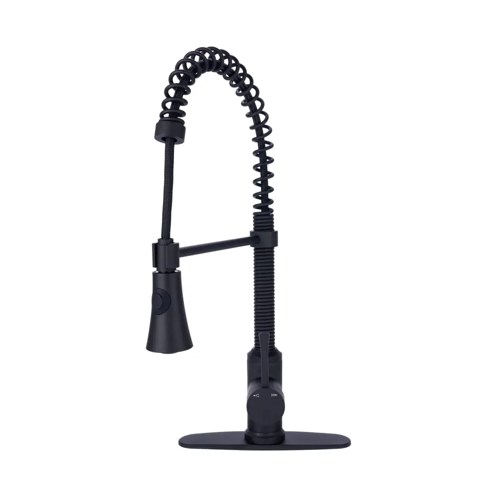 Fontaine Italia Residential Spring Coil Pull Down Kitchen Faucet Cone Spray Head and Deck Plate Soft-touch Black