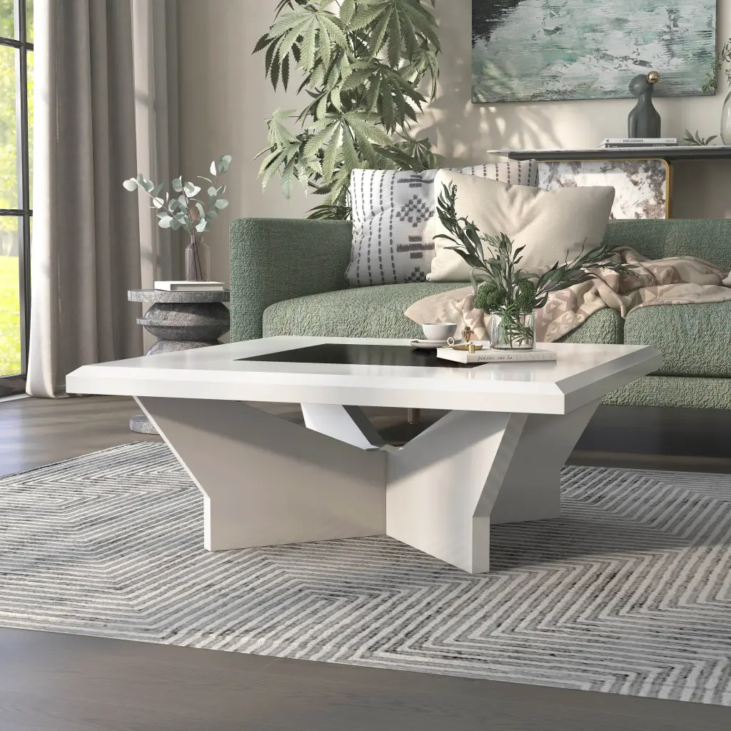 Furniture America Duall Square Black Glass Top and White Wood Coffee Table