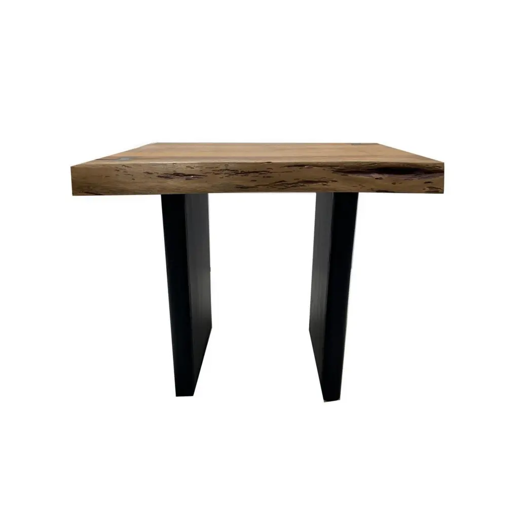 Mya 23 Inch Square End Table Live Edge Timber Top Black Metal royal hampton