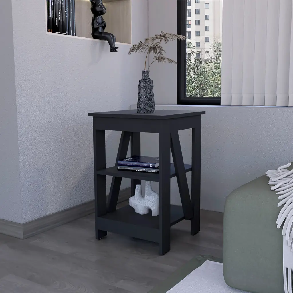 Black Table 2 Shelves Black Shelves Square Timber Side Table furniture max