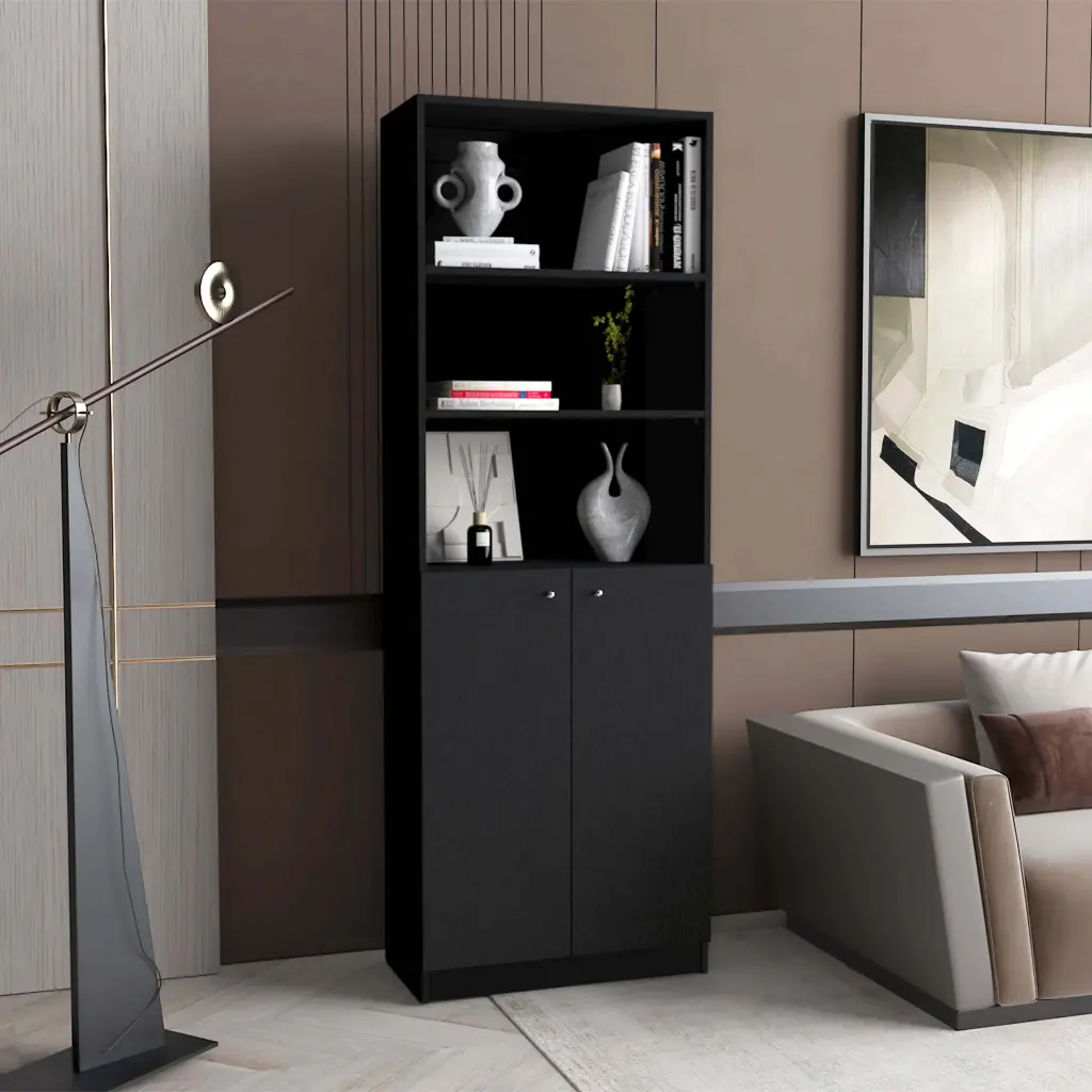 Black 2 Door Bookcase Timber Living Room Storage furniture max