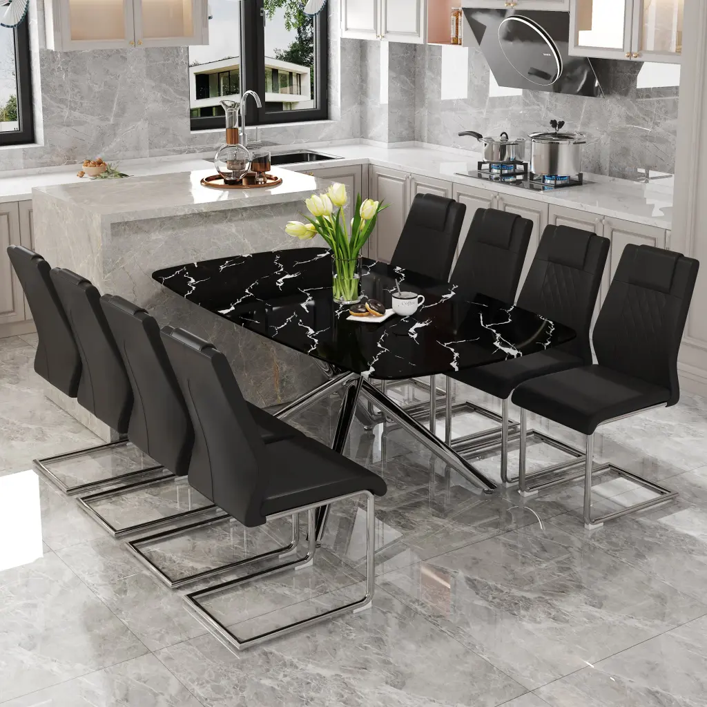 Modern Luxurious Black Stone Table and Chair Set Dining Room droom w-1151