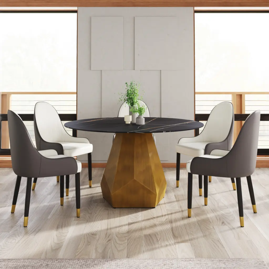 53 Inch Round Stone Dining Table Metallic Base 6 People atunus