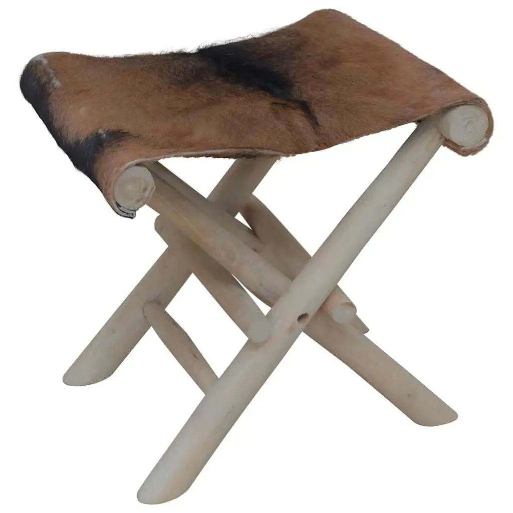 Folding Stool Real Leather and Solid Teak Wood Portable Seat