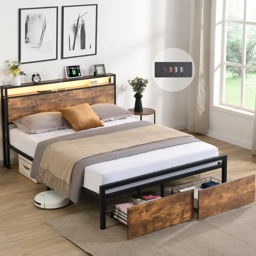 Full Dimensions Bed Frame Storage Headboard and 2 Drawers, LED Lights wr furniture