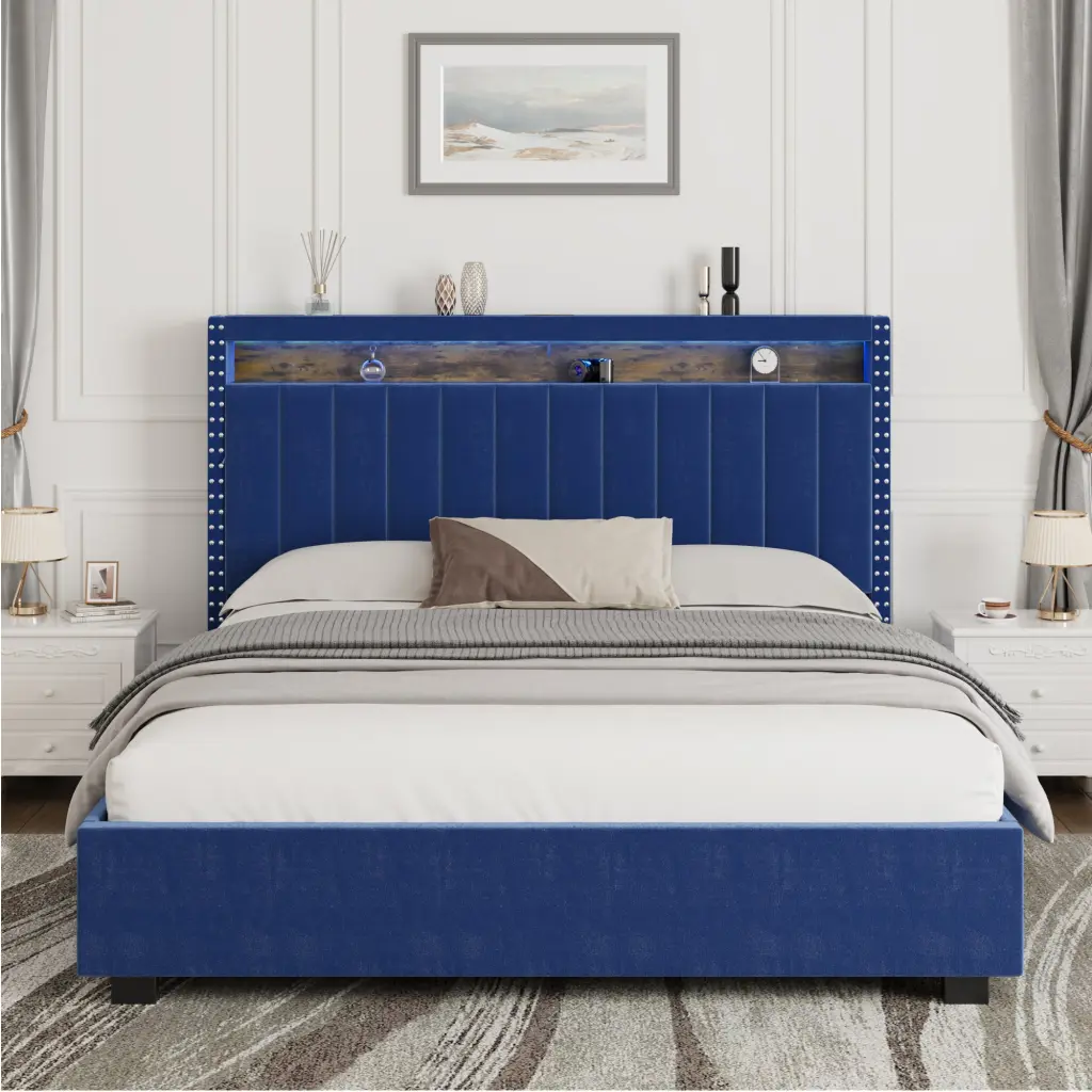 Premium Gas Lift Storage Bed LED Lights and Headboard Storage aobang furniture
