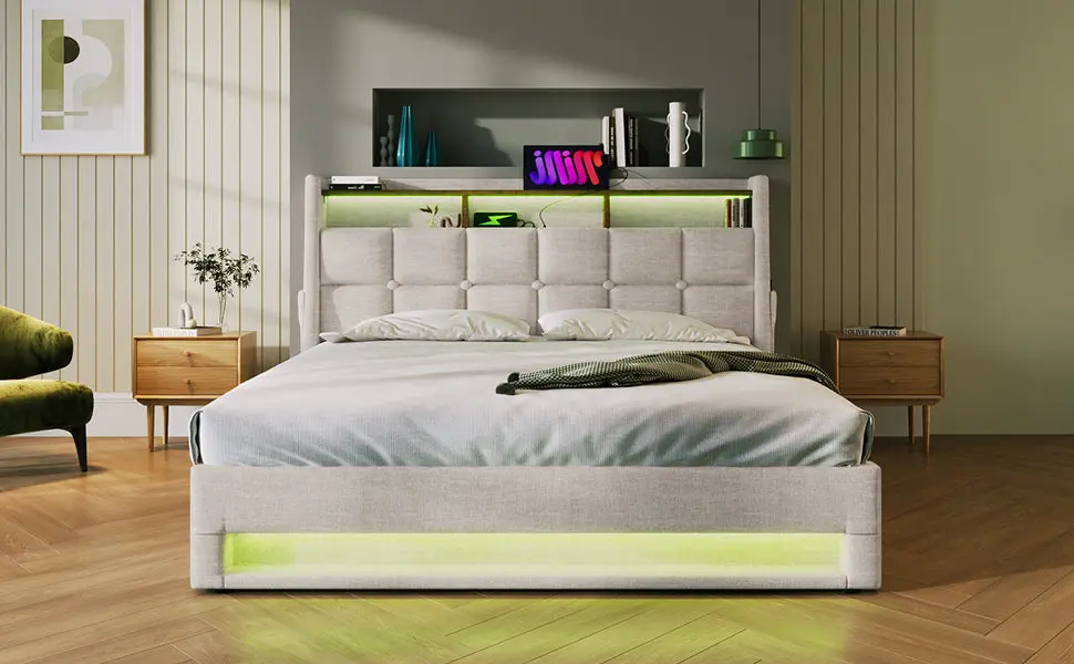 Queen Size Upholstered Platform Bed Hydraulic Storage System, Luxe Design artistry at home