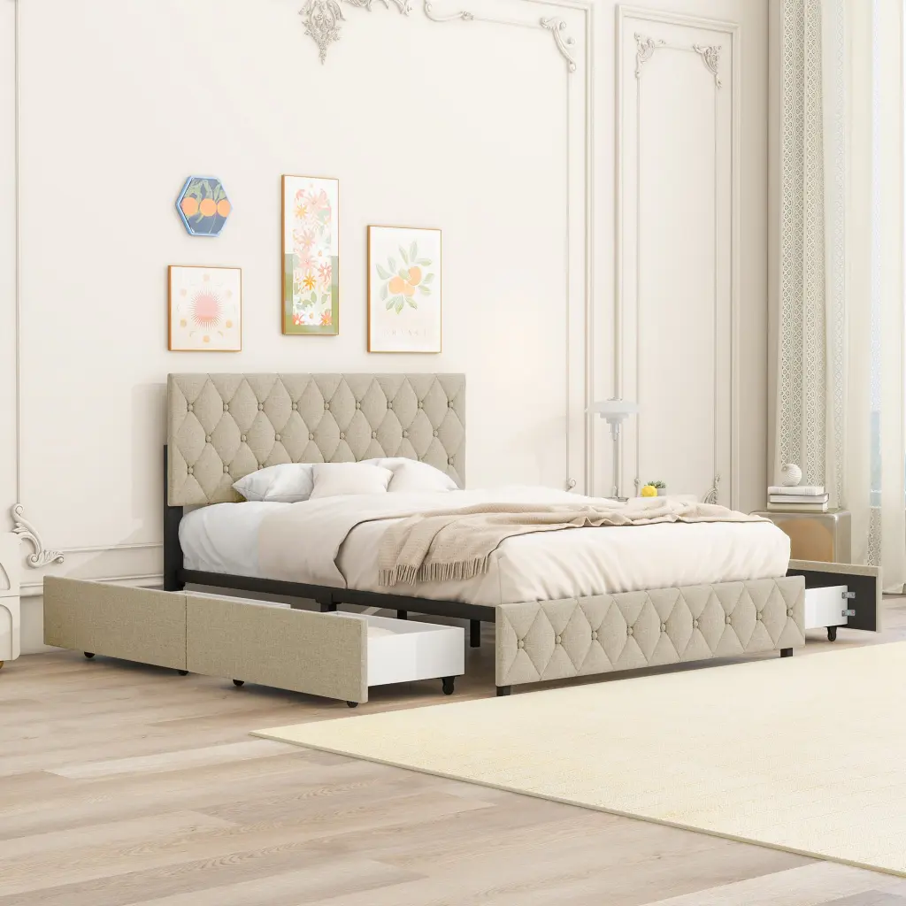 Full Dimensions Upholstered Platform Bed Frame 4 Storage Drawers Adjustable bedepot