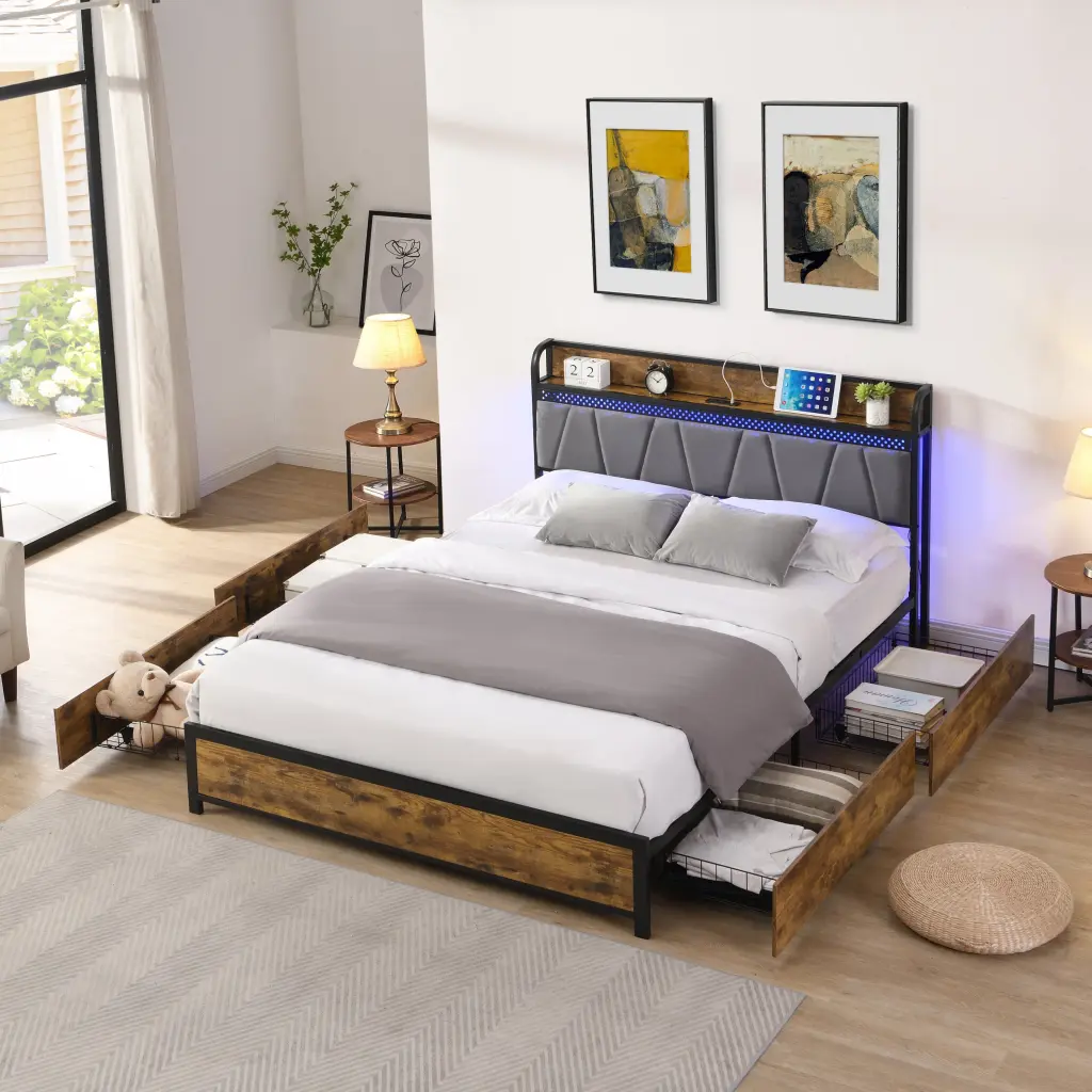Full Size Bed Frame Storage Headboard Charging Station 4 Drawers civilfurniture