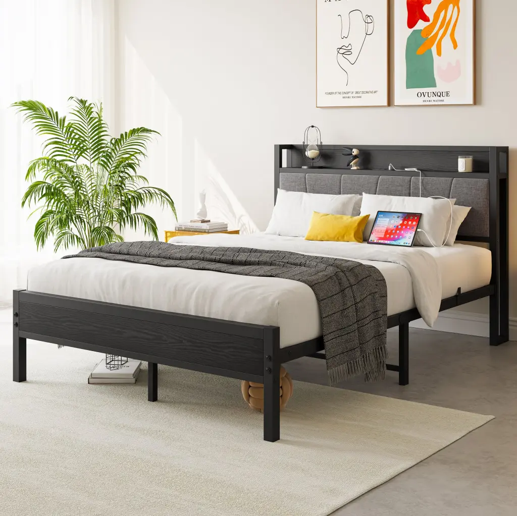 Full Size Bed Frame Storage Headboard Charging Station Solid Wood home furniture