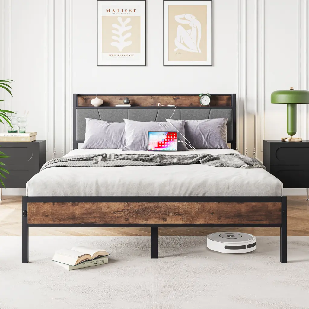 Queen Dimensions Bed Frame Storage Headboard Charging Station Solid home furniture
