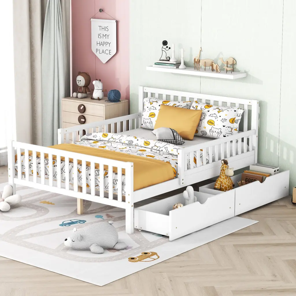 Full Dimensions Timber Platform Bed Guardrails On Both Sides And Two Storage Drawers homey life