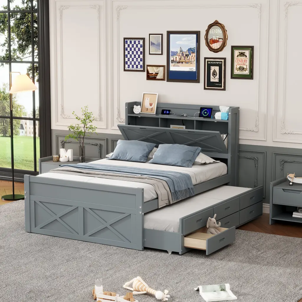 Full Size Wooden Bed Storage Headboard Outlets Extendable Bed Frame homey life