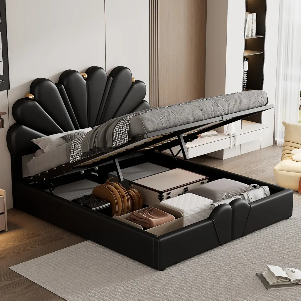 Queen Size Upholstered Petal Platform Bed Hydraulic Storage homey life