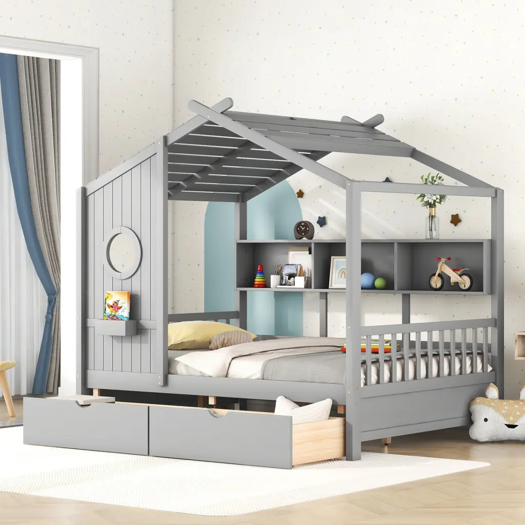 Wooden Full Size Houtilize Bed 2 Drawers and Storage Shelf Kids Bedroom homey life