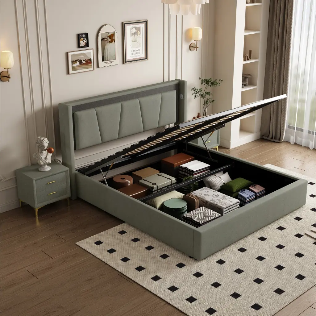 Queen Size Pneumatic Bed Storage Cotton And Linen Upholstered Frame hx-furniture