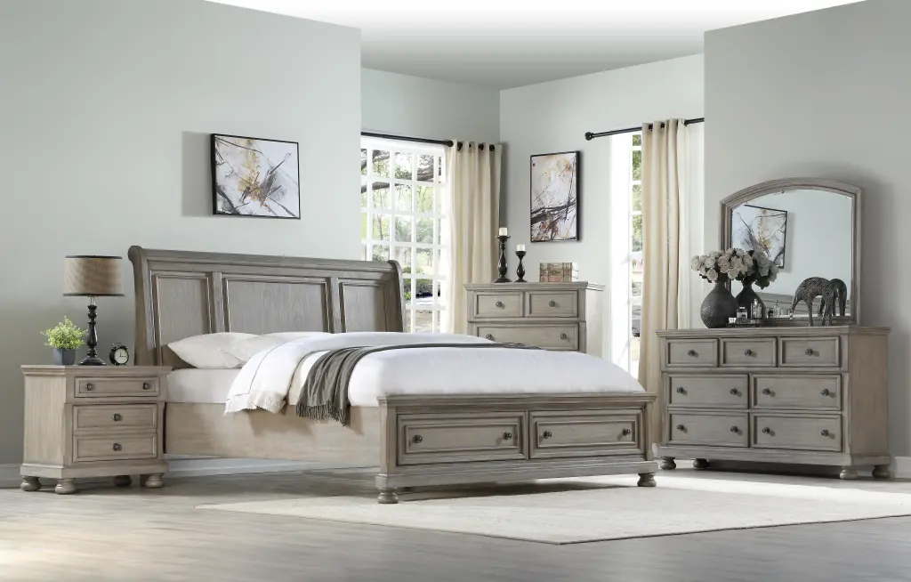 Antique Gray King Storage Bed Solid Wood MDF Bed Frame ihomefurnishings