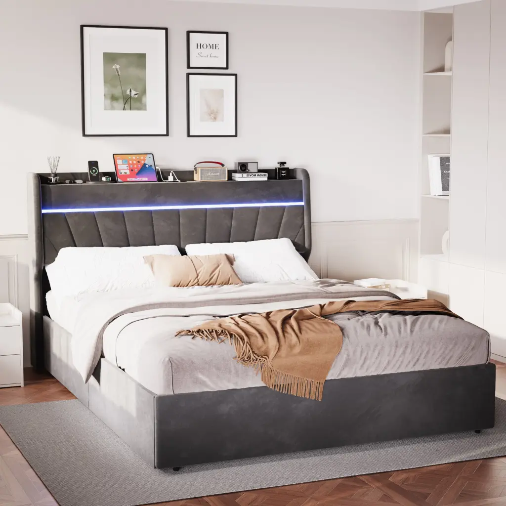 Queen Lift Up Storage Bed Frame Charging Station and LED Light jhomier furniture