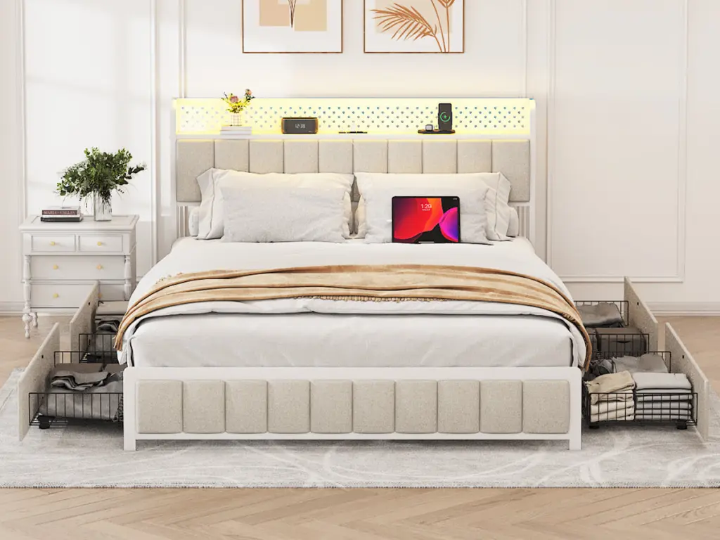 Queen Platform Bed 4 Drawers Metal Frame LED Lights Modern Bed jhomier furniture