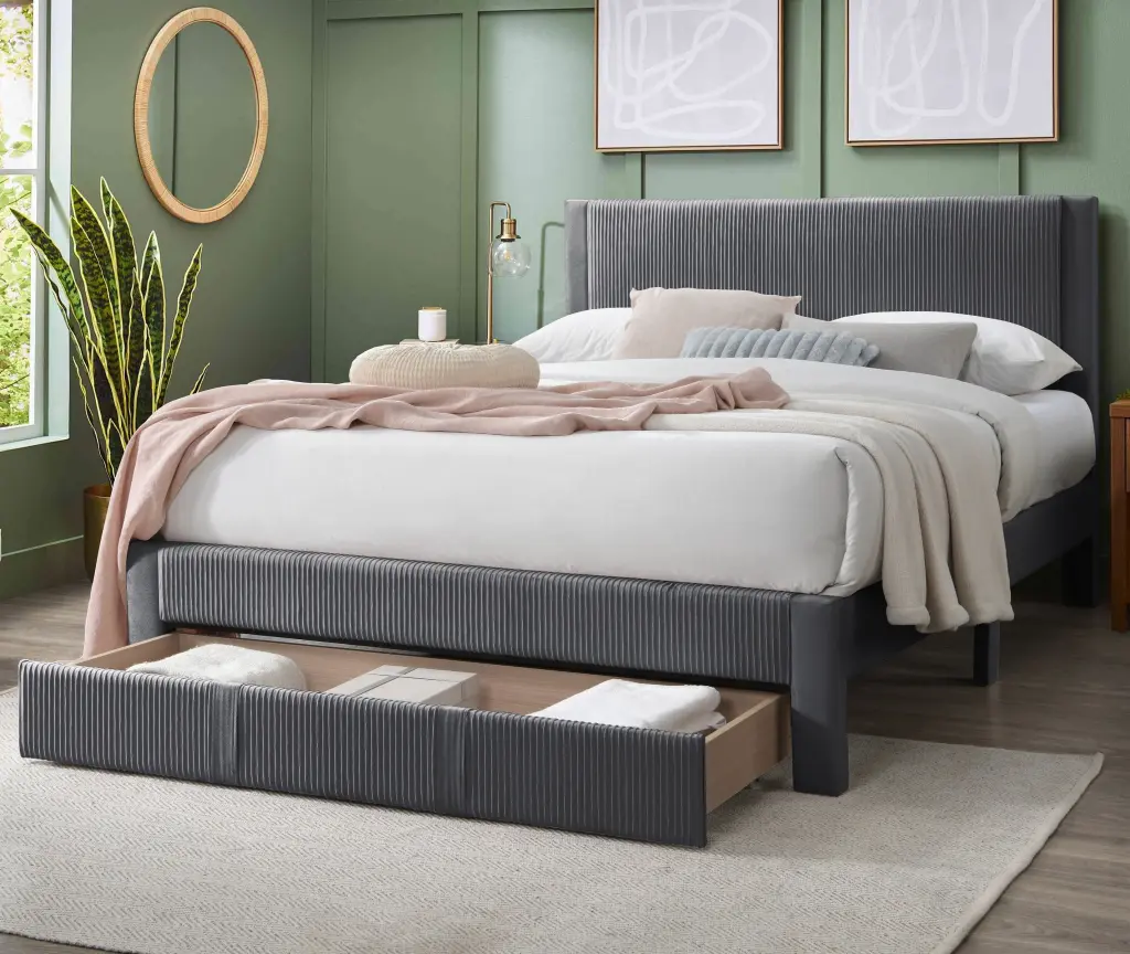 Contemporary 1PC Queen Size Bed Storage Drawer Charcoal Corduroy Texture kanepe