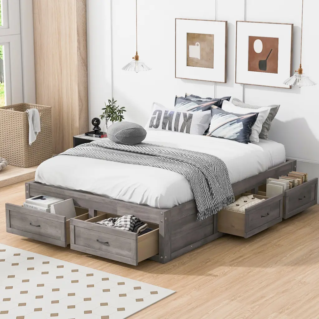 Full Platform Bed 6 Storage Drawers Antique Gray Finish lucky furniture