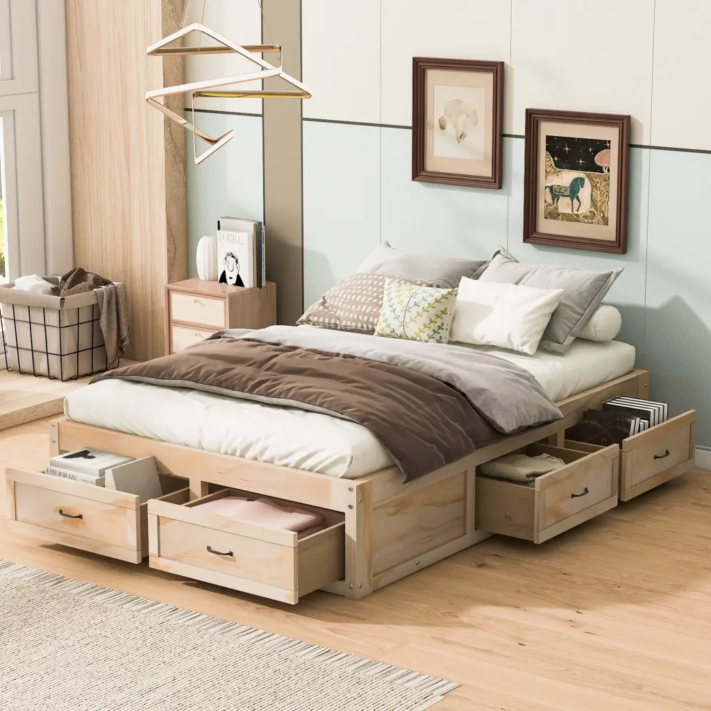 Full Platform Bed 6 Storage Drawers Antique Natural Finish lucky furniture