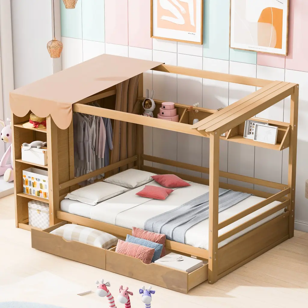 Full Size Houtilize Bed Two Drawers And Wardrobe Natural Finish lucky furniture