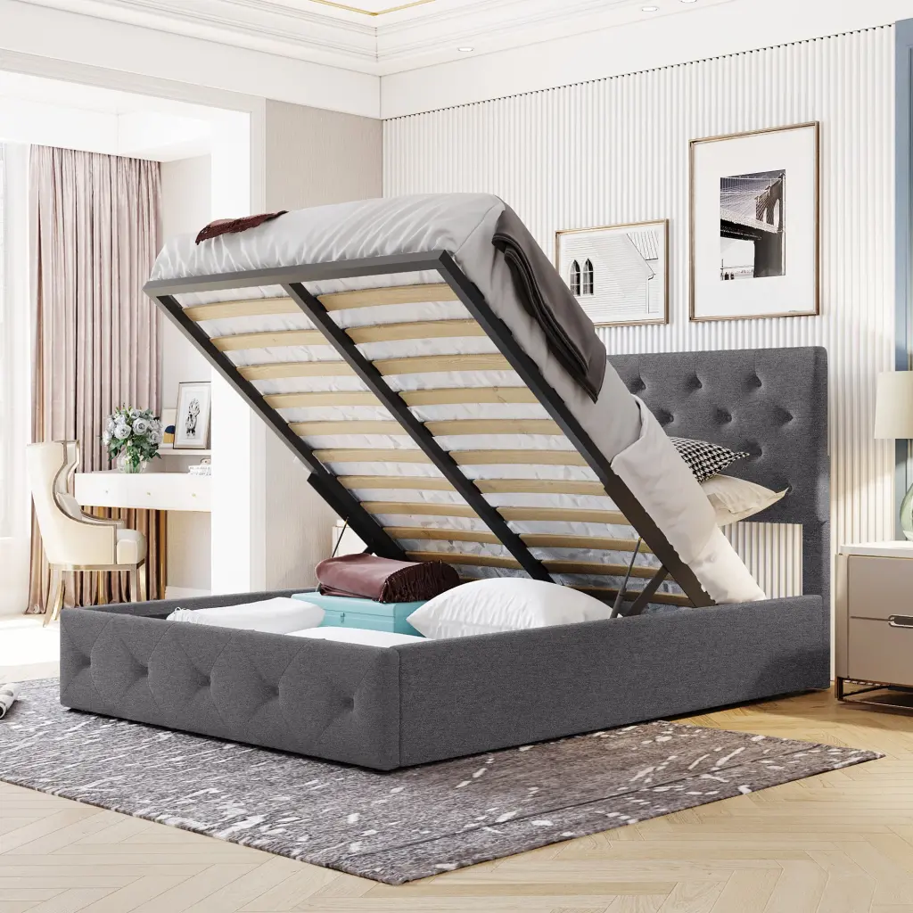 Full Size Upholstered Platform Bed Hydraulic Storage System Gray lucky furniture