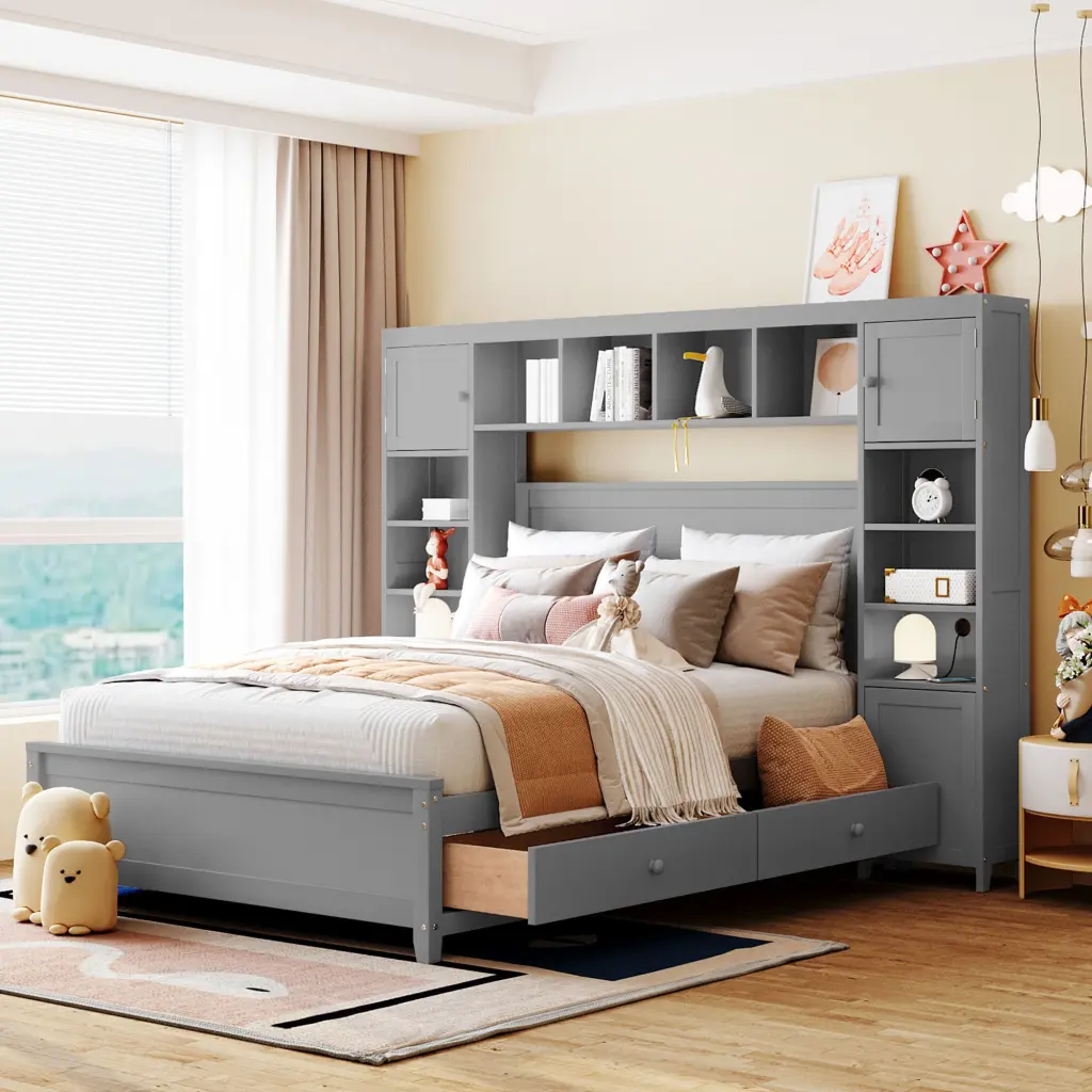 Full Size Wooden Bed Built- Cabinet and Shelf Gray lucky furniture