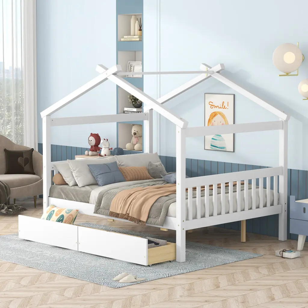 Full Size Wooden Houtilize Bed Drawers, White Solid Wood MDF lucky furniture