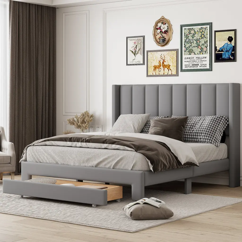 Queen Size Storage Bed Velvet Upholstered Platform Bed Big Drawer lucky furniture