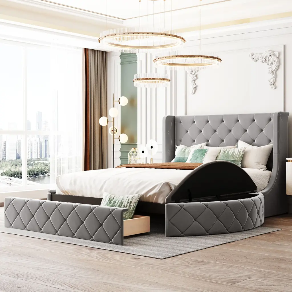 Queen Size Upholstered Platform Storage Bed Wing Support Headboard lucky furniture