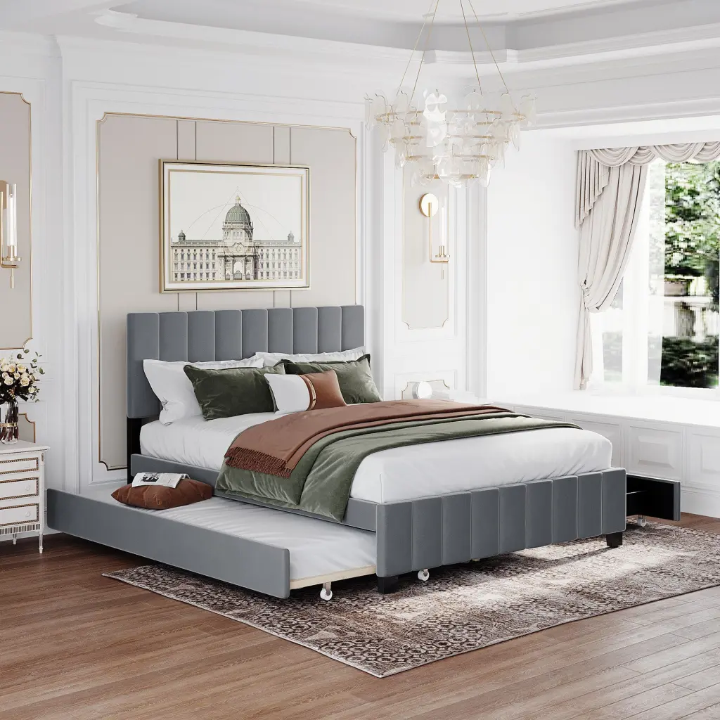 Queen Velvet Upholstered Platform Bed 2 Drawers lucky furniture