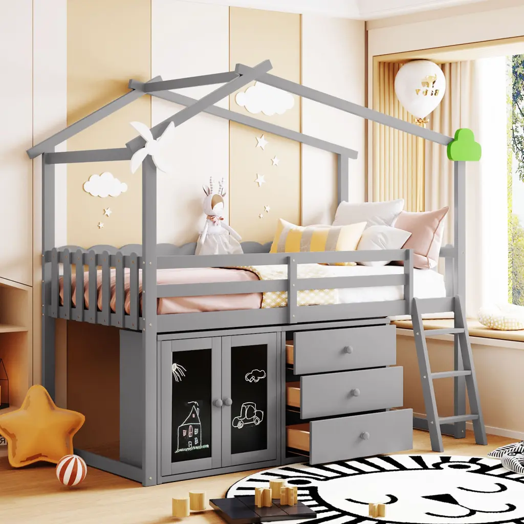 Twin Dimensions Houtilize Bed Cabinet and Drawers Gray Plywood Storage Bed lucky furniture