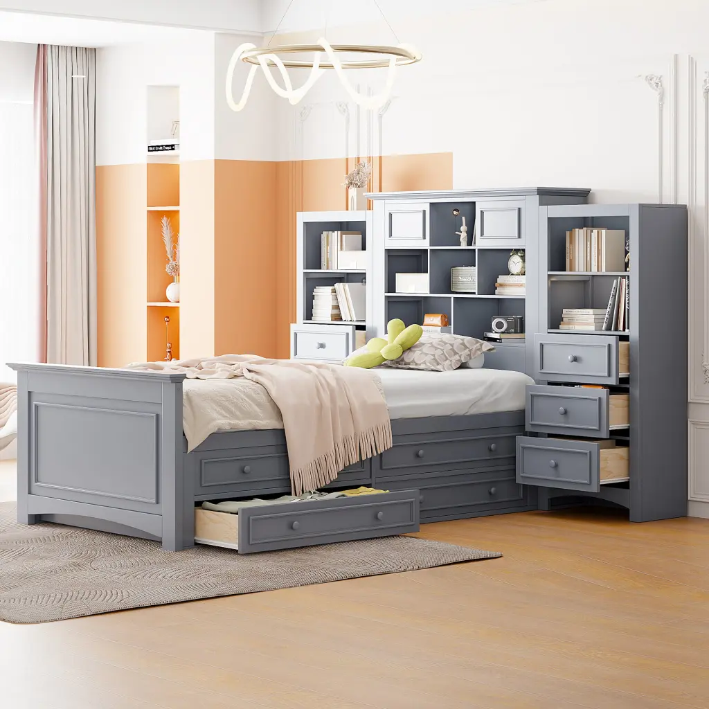 Twin Dimensions Wood Platform Bed Vertical Cabinet And 4 Drawers lucky furniture