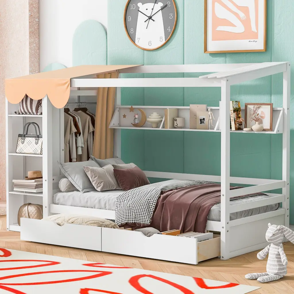 Twin Houtilize Bed Two Drawers And Wardrobe White Solid Wood lucky furniture