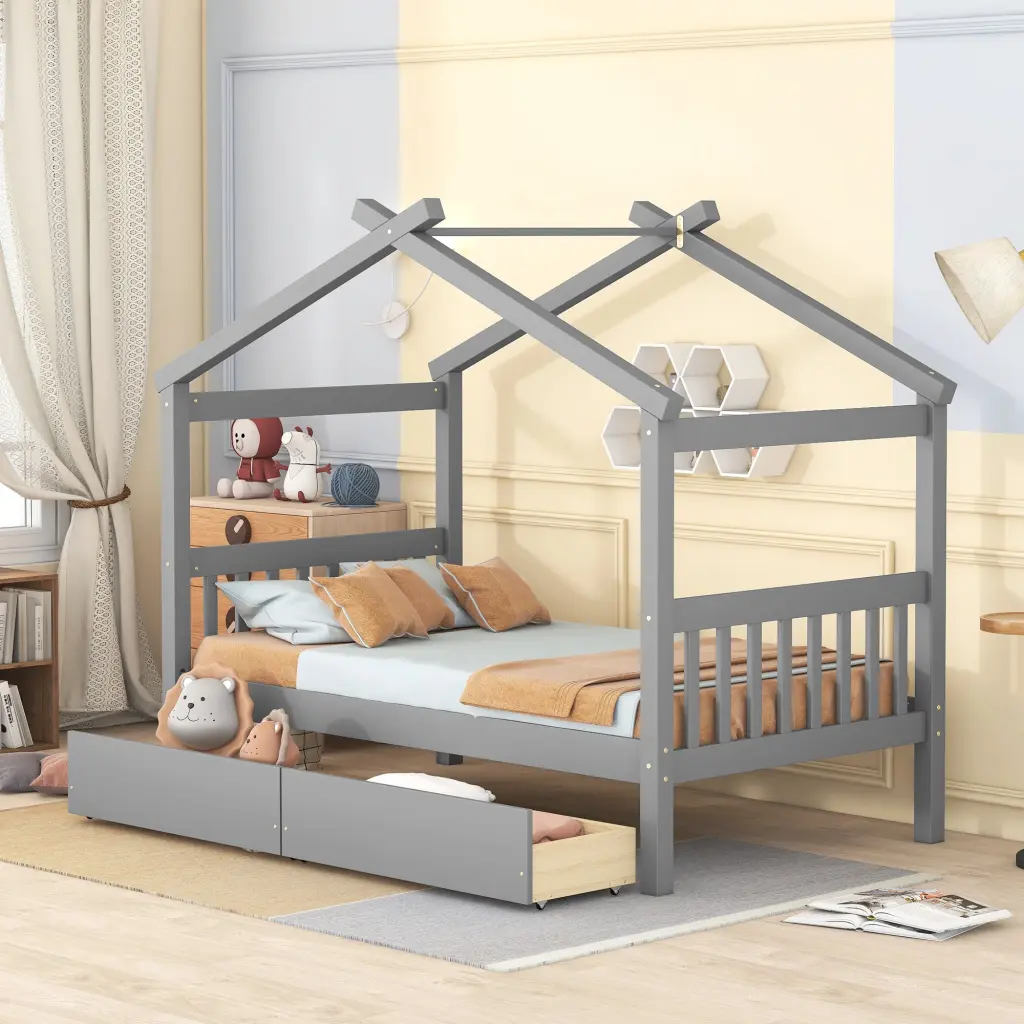 Twin Wooden Houtilize Bed Drawers Gray Solid Wood MDF Space Saver lucky furniture