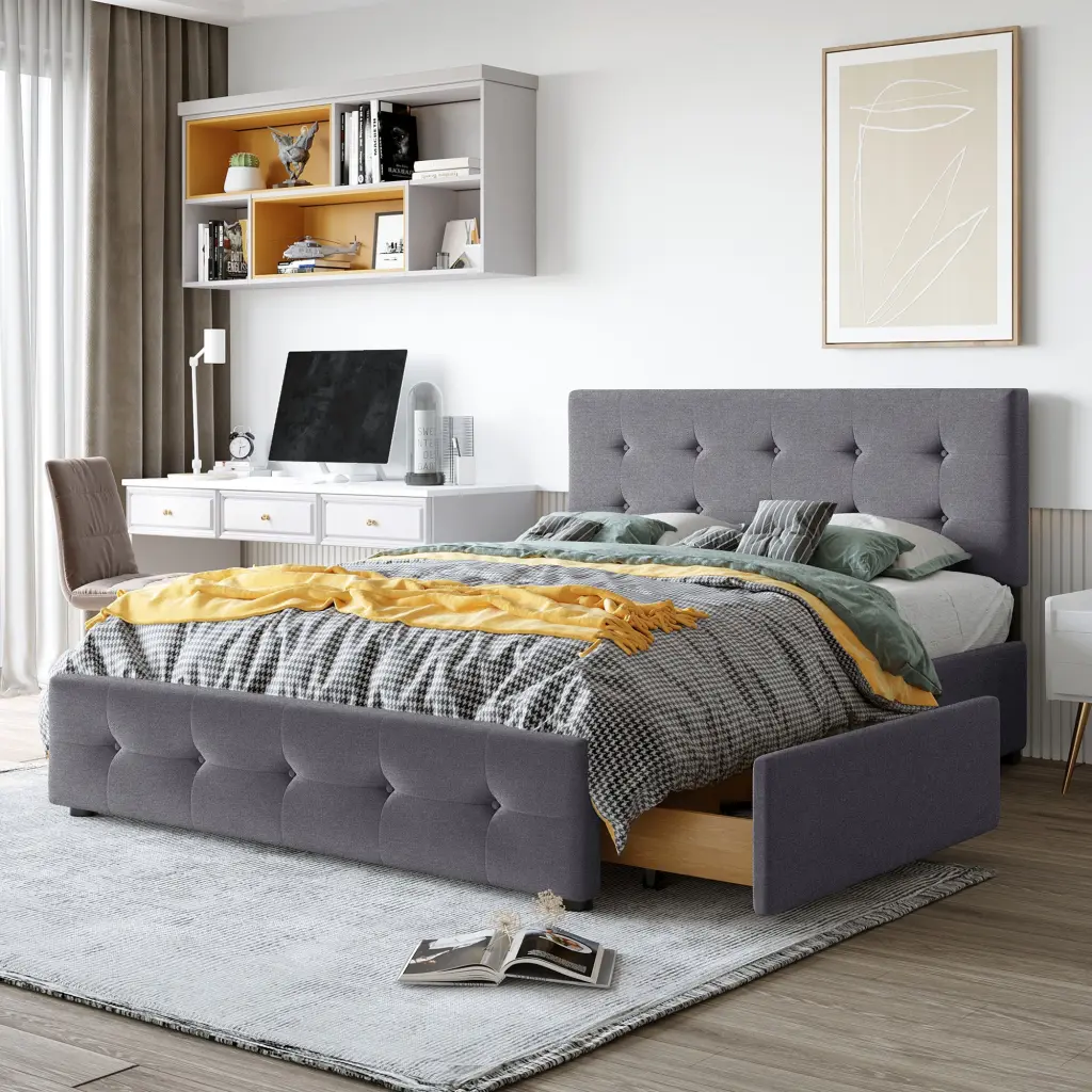 Upholstered Platform Bed Timeless Headboard And 4 Drawers No Box Spring Needed lucky furniture