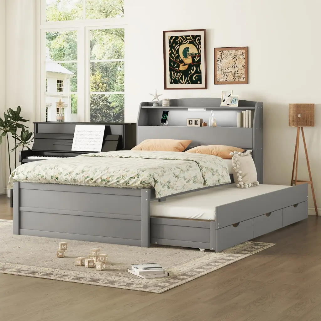 Full Size Wooden LED Platform Bed Trundle and Storage Headboard lucky home