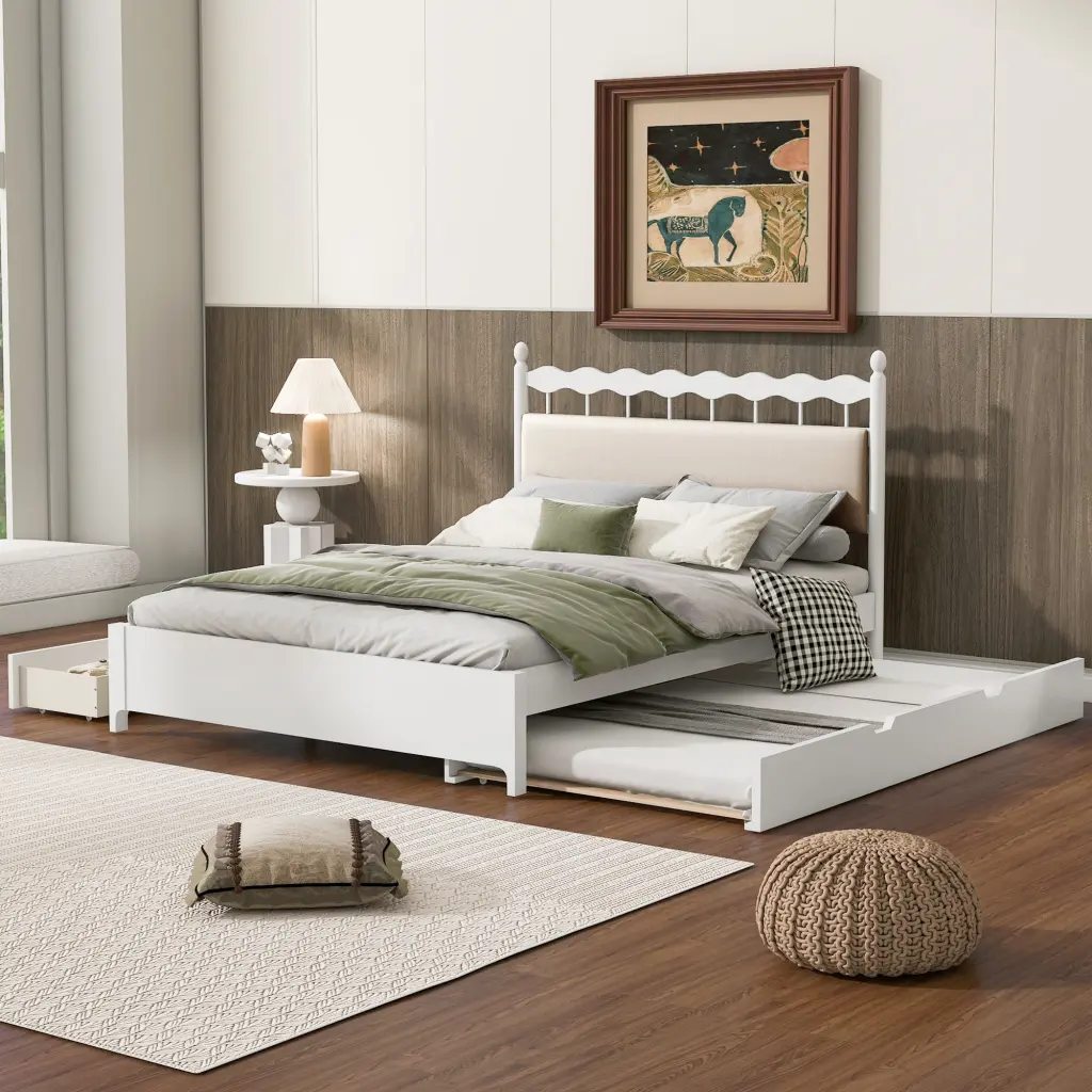 Queen Wooden Storage Platform Bed 2 Large Drawers and Trundle lucky home