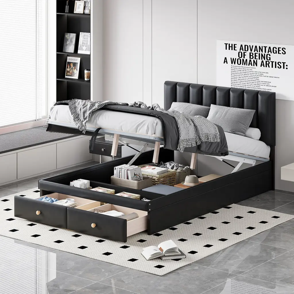 Full Dimensions Upholstered Bed Hydraulic Storage System And Drawer lucky world