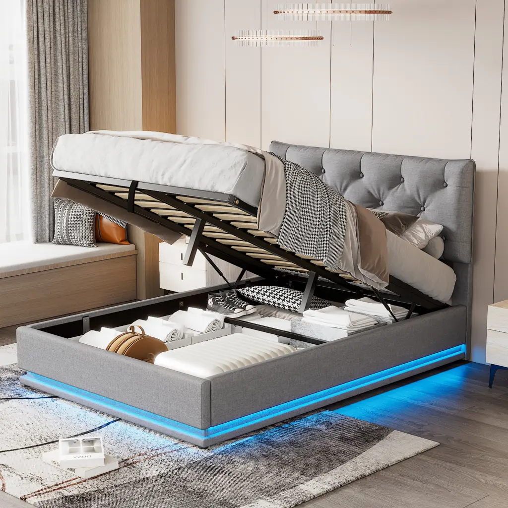 Full Size Upholstered Bed Hydraulic Storage System and LED Light lucky world