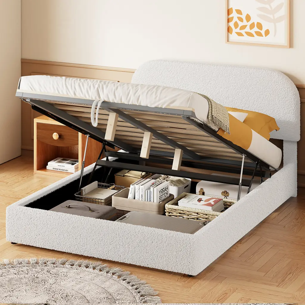 Teddy Fleece Upholstered Platform Bed Hydraulic Storage Full Dimensions lucky world