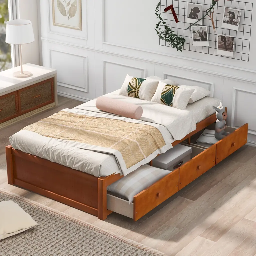 Orisfur Twin Platform Storage Bed 3 Drawers Oak Solid Wood oris fur.