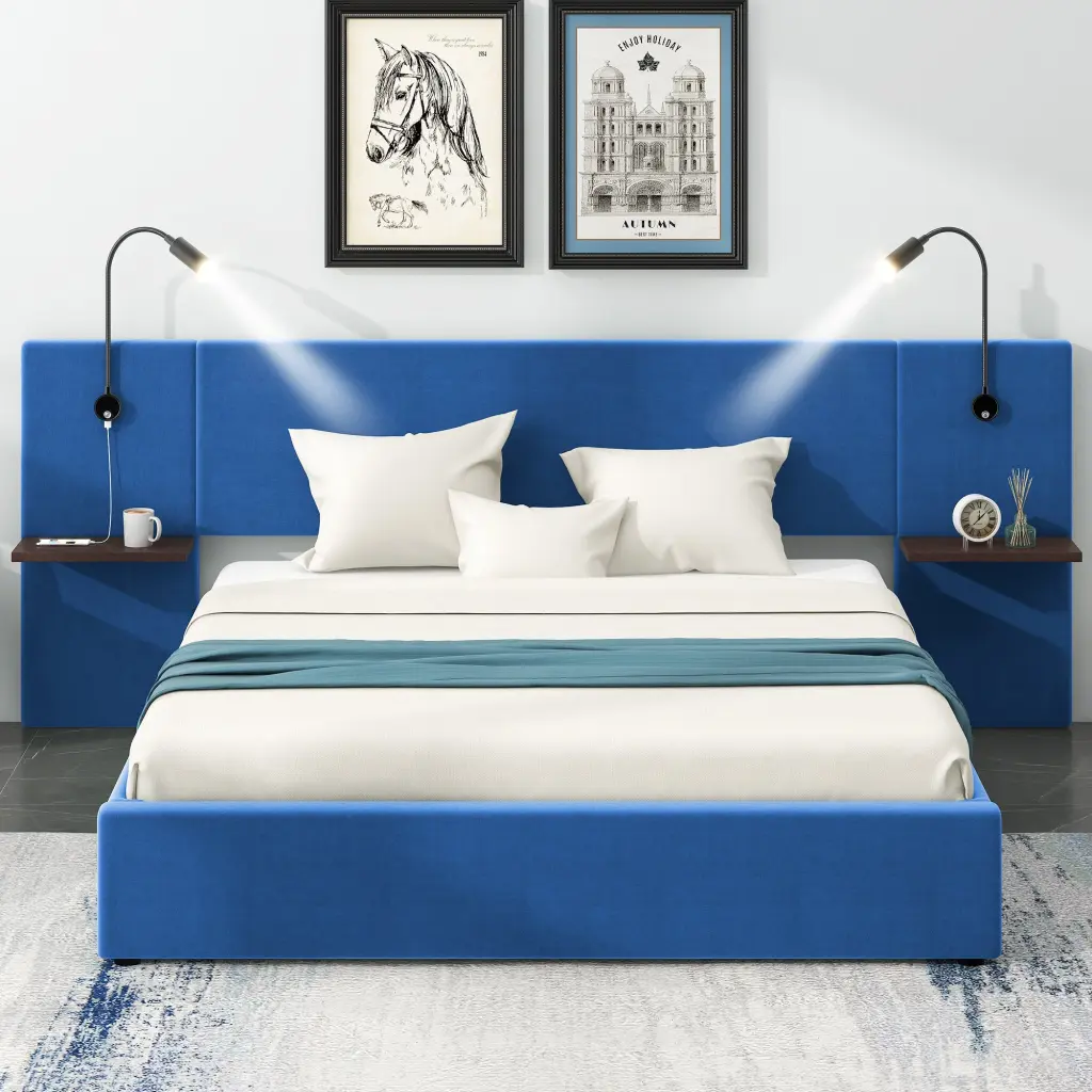 Full Size Storage Upholstered Hydraulic Platform Bed 2 Shelves wm dreamland