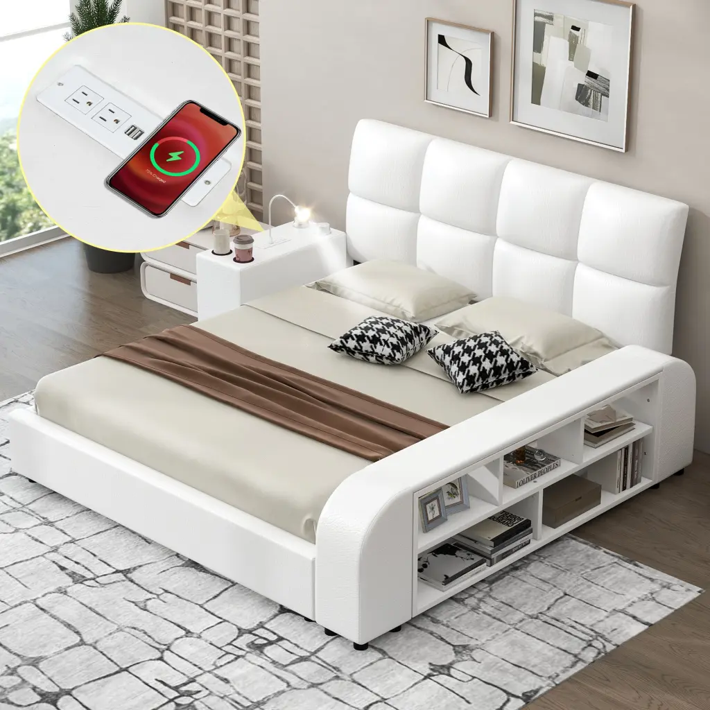 Queen Upholstered Platform Bed Nightstand Storage Drawers wm dreamland