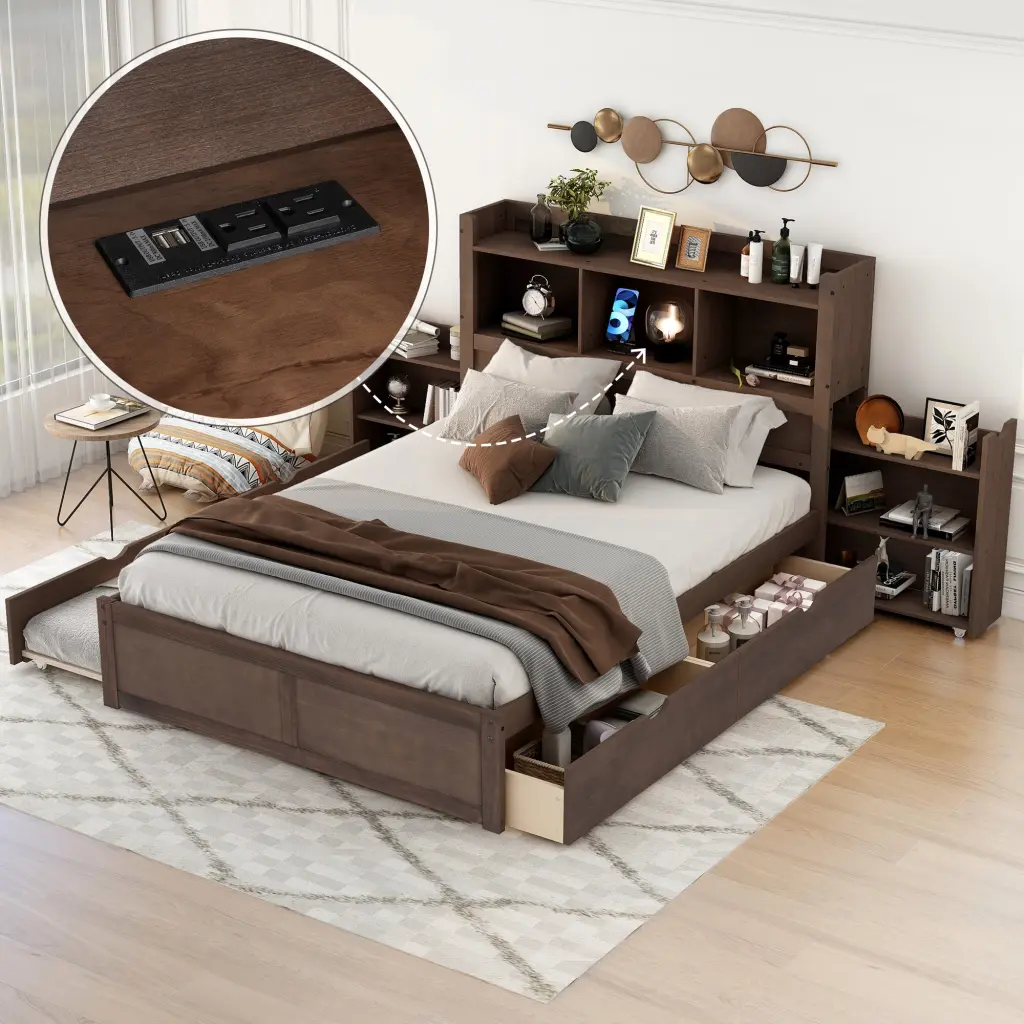 Full Dimensions Storage Platform Bed Pull Out Shelves Twin Dimensions Trundle wm store